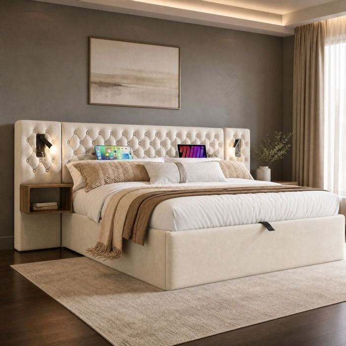 Lit coffre capitonné beige en velours 180x200 cm avec 2 tables de chevet lampe de lecture USB Type-C VEVXYN