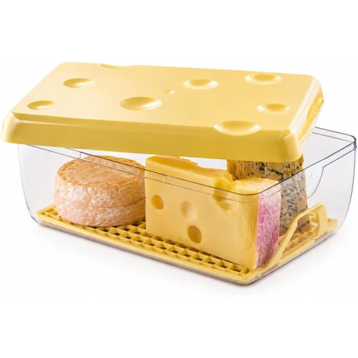 Boîte fromage 3 L couvercle jaune conteneur transparent grille détachable 26 x 17 x 10 cm empilable lave-vaisselle