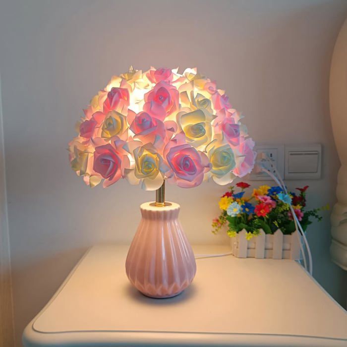 Lampe de table vintage - Lampe de chevet en céramique avec abat-jour fleur et culot E27 pour chambre et salon 32x40cm