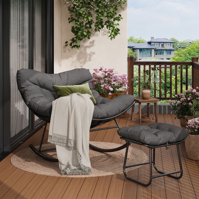 KOIOPLIE Fauteuil à bascule Papasan œuf XXL avec ottoman repose-pieds – résine tressée PE anti-UV 100×100×90 cm noir + coussin gris