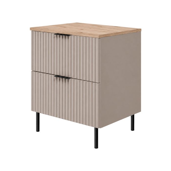 Meuble sous vasque - 3XE LIVING - Cachemire + Plan Chêne clair - 60 cm - 2 tiroirs soft-close - Poignées & pieds noirs