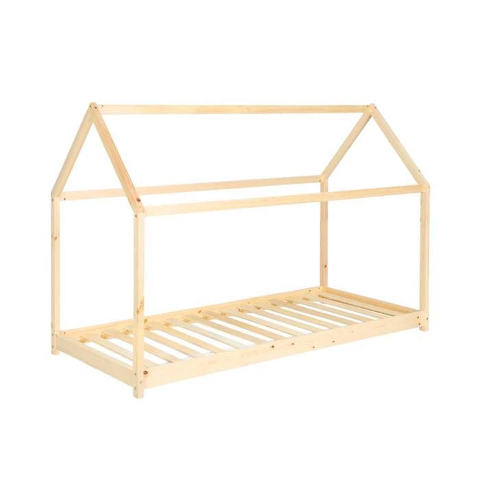 Lit cabane Montessori. bois massif en pin naturel - Tobias - sommier inclus. 90 x 190 cm Lit cabane Montessori. bois massif en pin naturel - Tobias - sommier inclus. 90 x 190 cm