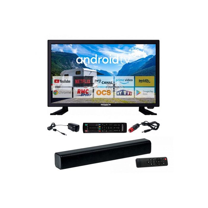 Pack tv led 22"" 55cm smart tv camping 12v + barre de son compacte
