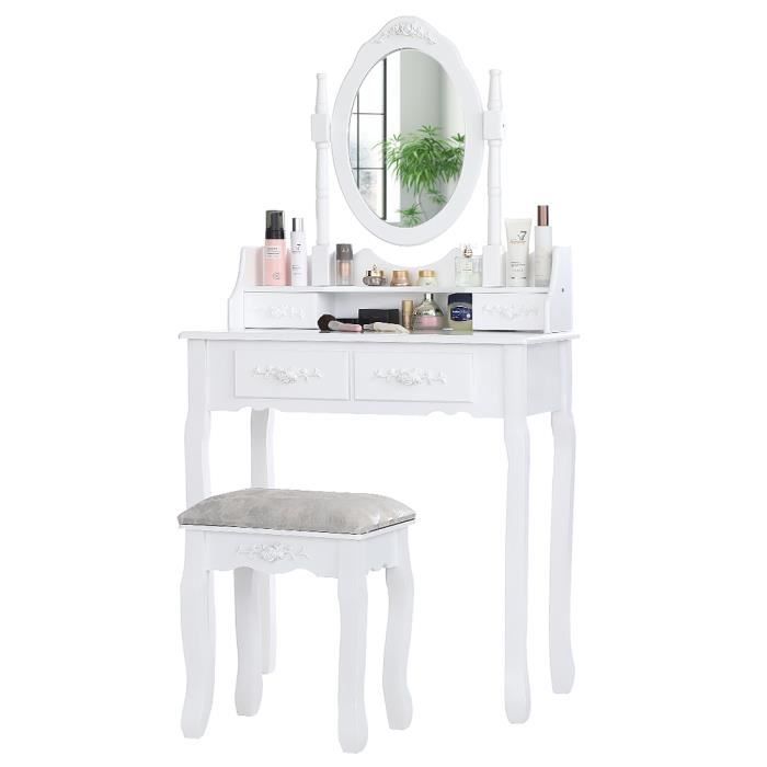 coiffeuse blanche en kit - style scandinave - miroir pivotant - 4 tiroirs