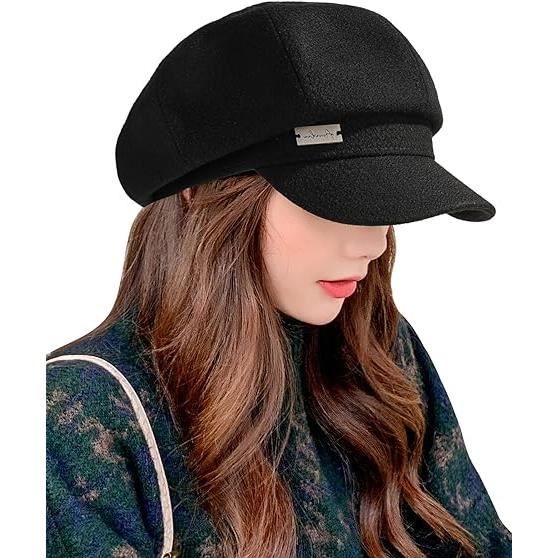 Casquette Femme Chapeau Béret Bonnet Français pour Femme Chapeau Vintage élégant Femme Chapeau Octogonal Automne Hiver Noir
