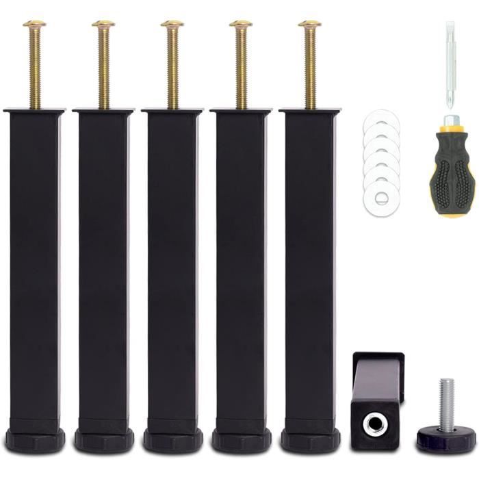 Pied de Lit, Pieds pour Sommier à Lattes Universel Hauteur 22cm(+2cm) Reglable Design Noir