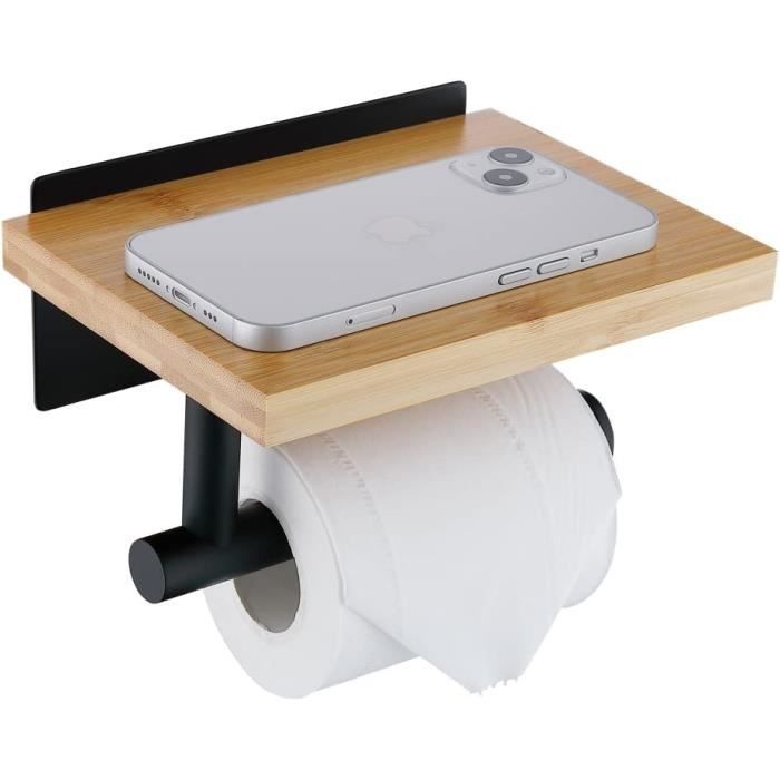 Porte-rouleau Papier Toilette Avec étagère - En Bambou Et Acier - Montage Sans Perçage Ou Avec Vis - Pour Salle De Bain, Cuisine