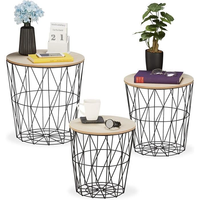Set De 3 Tables D'Appoint Panier - Design Métal Et Bois - Rangement Et Déco Salon (Noir/Nature)