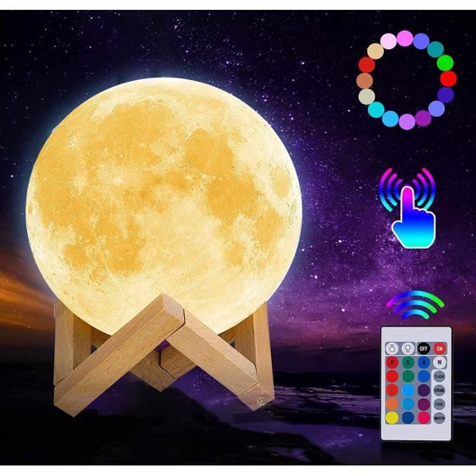 Lampe Lune 3D LED Rechargeable USB - Veilleuse 16 Couleurs, Télécommande, Déco Chambre