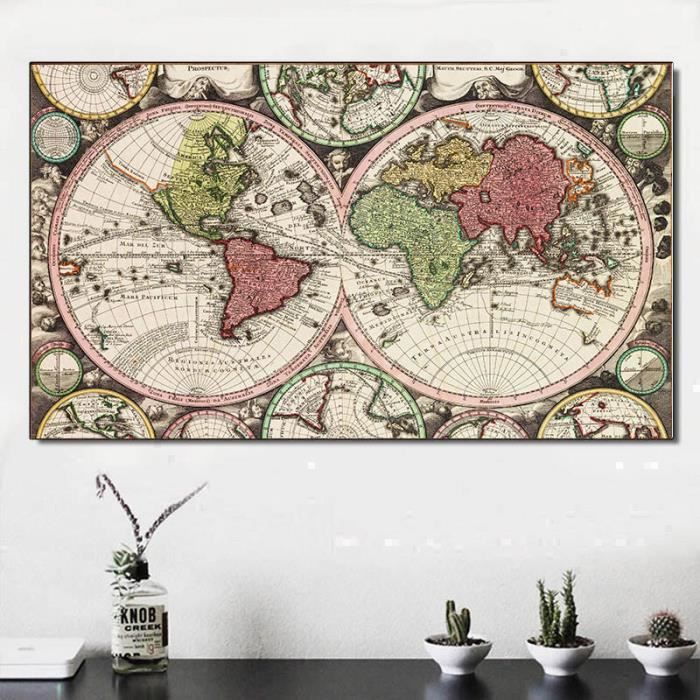 Poster Carte Du Monde Vintage - Déco Murale Rétro En Toile 70x140 Cm Pour Salon, Bureau Ou Chambre