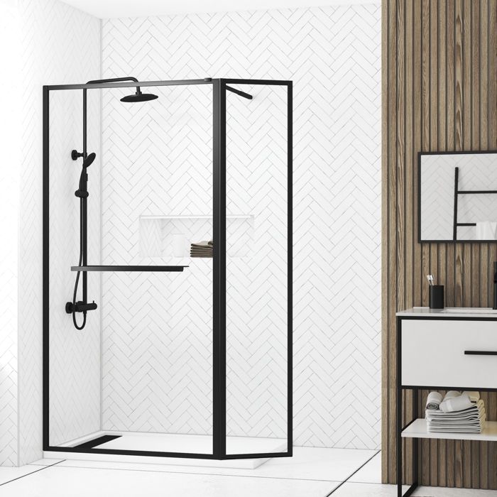 Paroi de Douche avec Volet Pivotant 90+40x200cm - Profilé Porte-serviette et étagère NOIR MAT