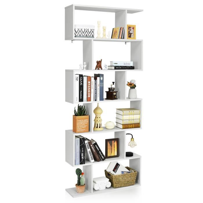 costway bibliothèque à 6 niveaux, 80 x 23 x 191 cm, étagère de rangement en forme de s avec coussinets antidérapants, blanc