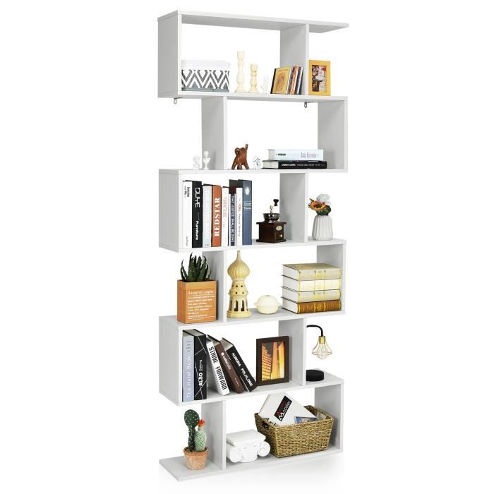 COSTWAY Bibliothèque à 6 Niveaux 80 x 23 x 191 CM Étagère de Rangement en Forme de S avec Coussinets Antidérapants Blanc