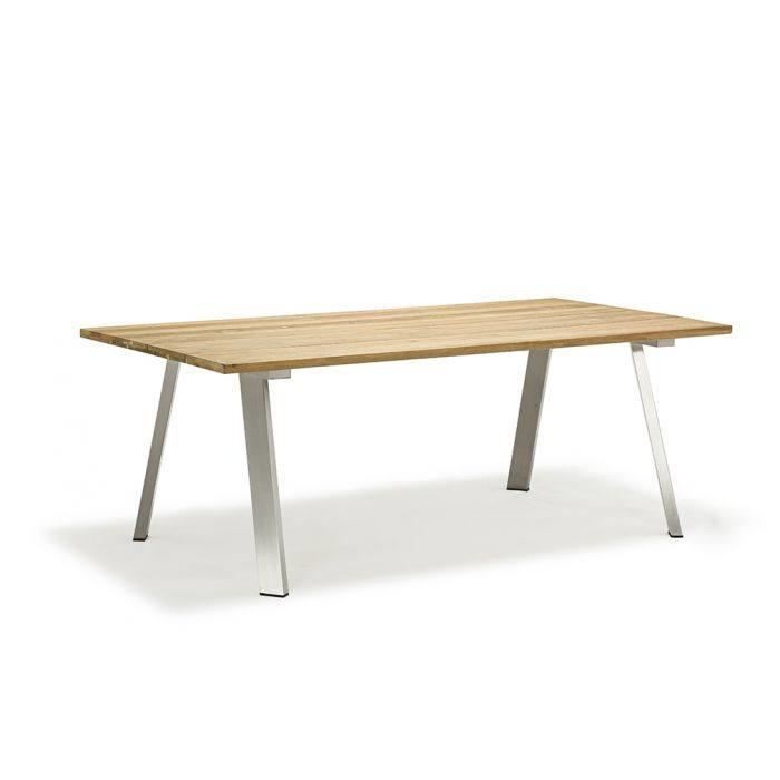 table de jardin - dmora - plateau en bois de teck - pieds en acier inoxydable - marron - 200 x 100 x 74 cm