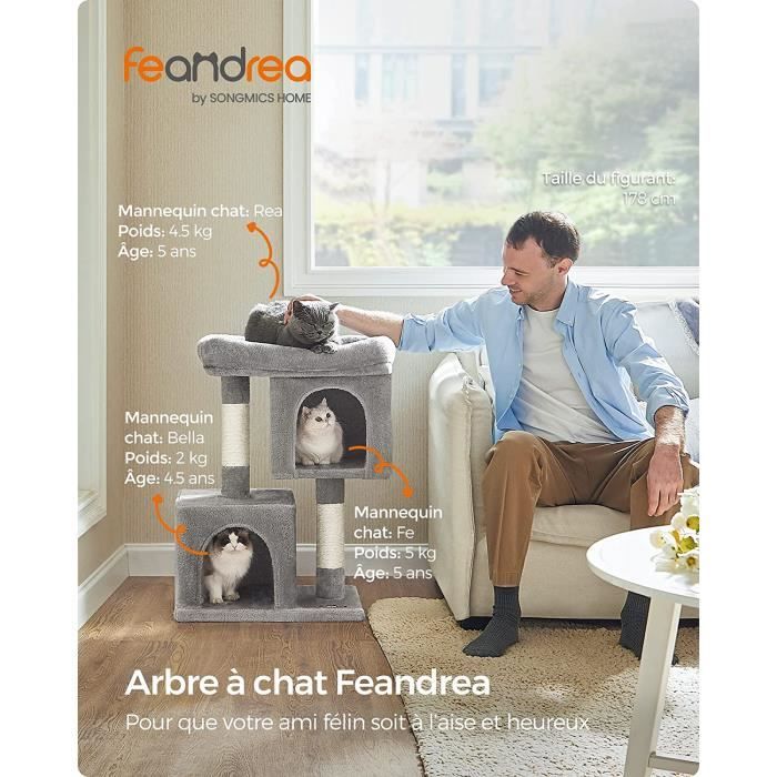 Comparer les prix de Feandrea Arbre à Chat, Tour de Jeux 74 cm, M, Maison pour Chats Jusqu’à 5 kg, Grande Plate-Forme, 2 Niches, Griffoir, Gris Clair