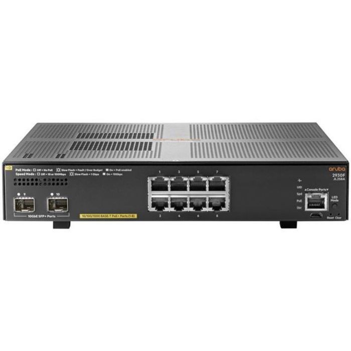HPE ARUBA Commutateur 2930F 8G PoE+ 2SFP+ - C3 - Géré - 8 x 10/100/1000 (PoE+) + 2 x 1 gigabit/10 gi