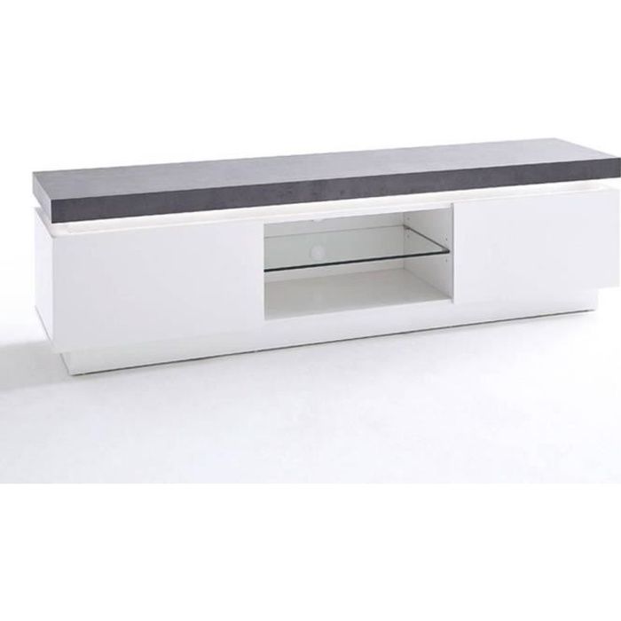 meuble tv design atlantis laqué blanc mat et béton 2 portes led blanc inclus blanc bois inside75