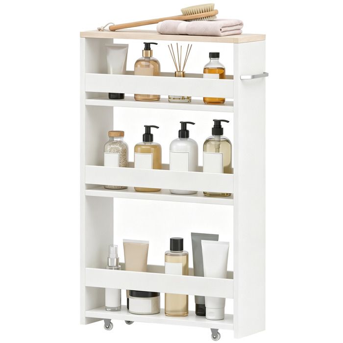 Chariot de rangement - kleankin - 3 niveaux stockage étroite cuisine salle de bain buanderie bureau - bois - 48x15x80cm - blanc