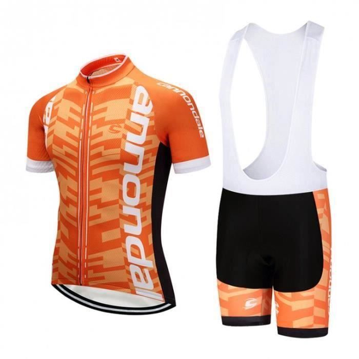 Ensemble Cuissard Maillot Cycliste Homme - Orange - Manches Courtes - Equipe Pro avec GEL de Silicone