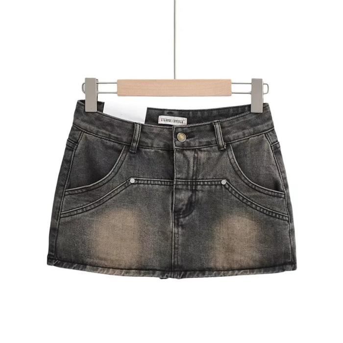 Jupe Mini jupe Vintage en Denim pour femmes poches taille basse