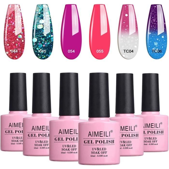 AIMEILI Sans HEMA Vernis Semi Permanent Pailleté 6 Couleurs 10ml, Lot Vernis à Ongles Gel UV LED