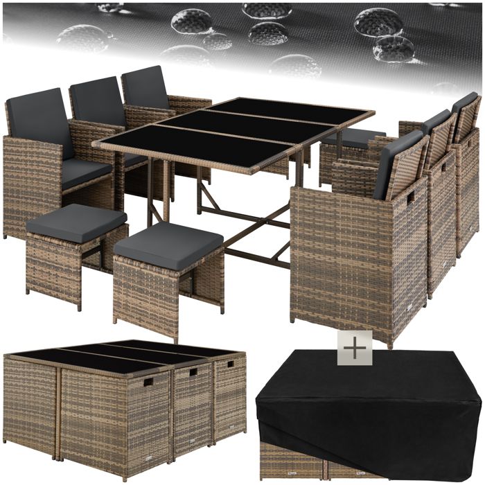 Salon de jardin - TECTAKE - Salon dextérieur MALAGA 10 places pliable housse protection anti UV - Marron naturel