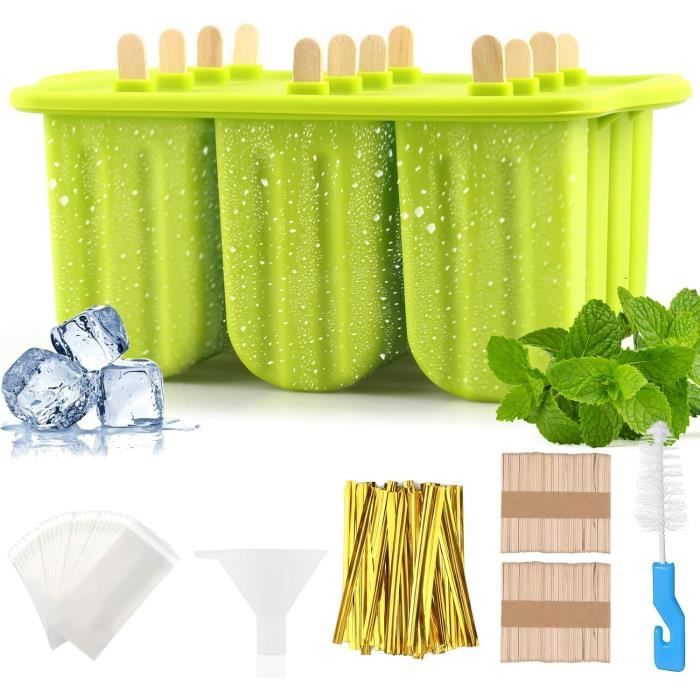 Lot de 10 moules à glace glacés en silicone de qualité alimentaire avec 50 bâtonnets avec brosse de nettoyage, entonnoir en silicone, grande capacité 20,3 x 15,2 x 10,2 cm, ustensiles de cuisine