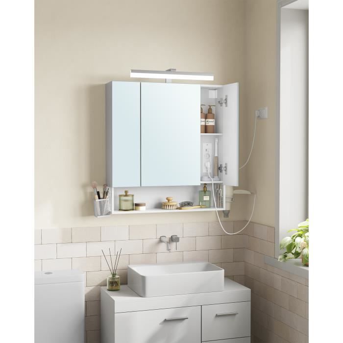 meuble de salle de bain 3 portes, armoire murale avec miroir, multiprise, panier suspendu, support pour sèche-cheveux, blanc nuage