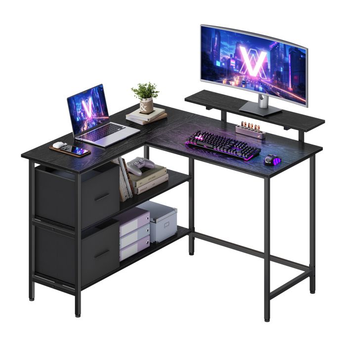 Bureau dOrdinateur en Forme de L 2 Tiroirs Spacieux Support de Moniteur Étagère Réglable 115 x 105 cm Noir Boisé Bureau dOrdinateur en Forme de L 2 Tiroirs Spacieux Support de Moniteur Étagère Réglable 115 x 105 cm Noir Boisé