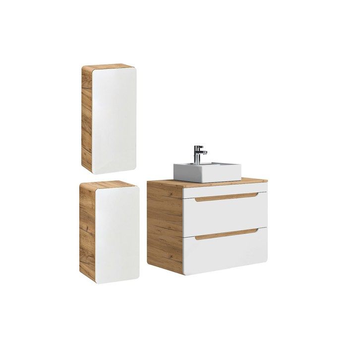 Meuble de salle de bain suspendu avec vasque à poser et deux colonnes - Coloris naturel et blanc - 80 cm - ARUBA