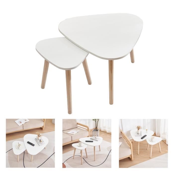 tables basses gigognes en bois mdf, set de 2 table café et table d'appoint, bouts de canapé empilable pour salon, blanc 55cm / 40cm