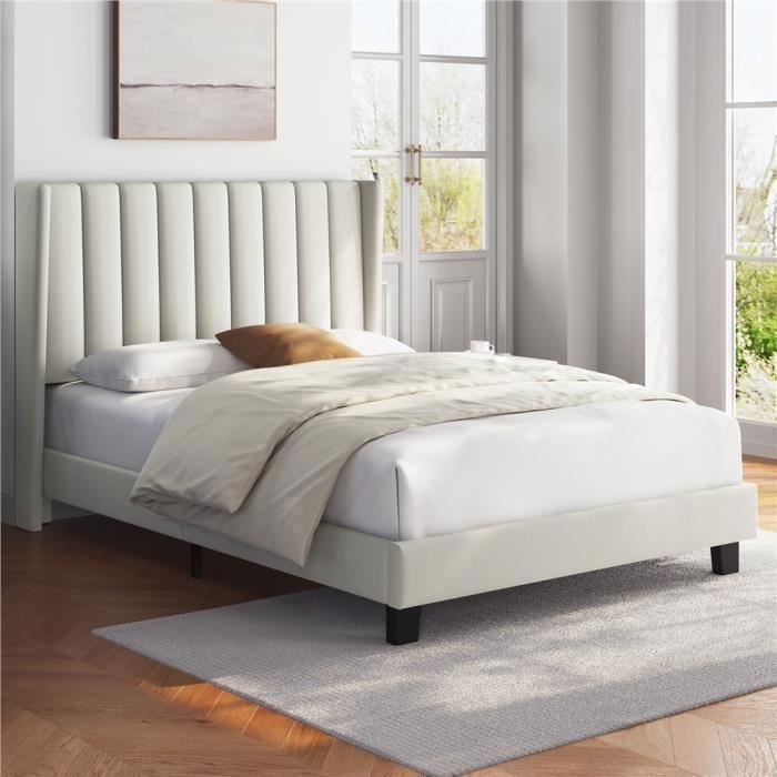 Lit capitonné YAHEETECH 140x200 cm beige avec sommier à lattes tête de lit rembourrée