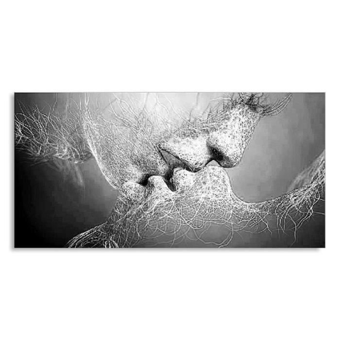 He Nouvelle Mode Noir Et Blanc Bisou D Amour Art Abstrait Sur Toile Peinture D Art Murale Impression D Image Decoration De Ma Cdiscount Maison