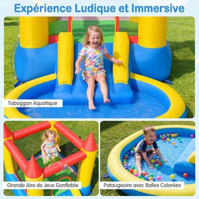 Costway – Château gonflable avec toboggan géant – Mur d'escalade, tunnels, poteaux d'obstacles, 50 balles océaniques – Pour enfants 3-12 ans