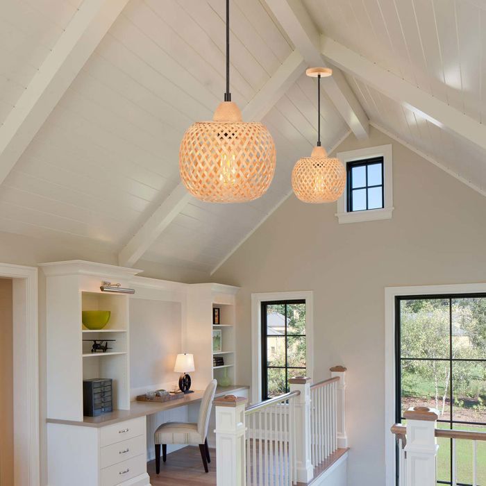 LIGINOK Lustre En Bambou Naturel 3 Lumières Suspension Rétro E27 Abat