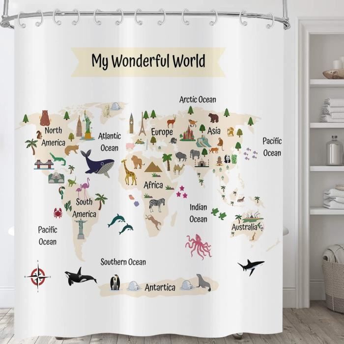 Rideau De Douche Drôle 180 X 200 Cm Motif Carte Du Monde Mignons Animaux Drôles Blanc Lavable