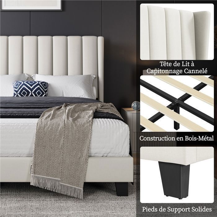 Lit Double 140x200 Avec Sommier Et Tête De Lit Capitonnée Réglable - Cadre Robuste, Velours Gris Foncé - Yaheetech - 11
