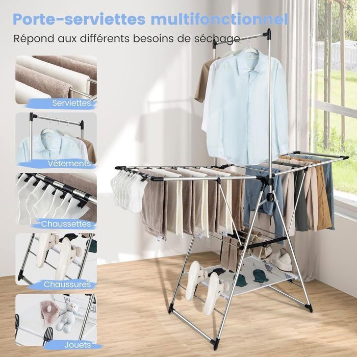 Étendoir à Linge SYKIARIOL 3 Niveaux Avec Cintre Haut - Acier Inoxydable Pliant Et Roulettes