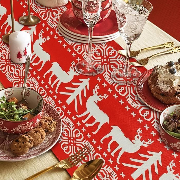 Chemin De Table De Noël 240 X 40 Cm Rouge à Motifs Flocons De Neige - Nappe Longue Pour Fêtes, Réveillon