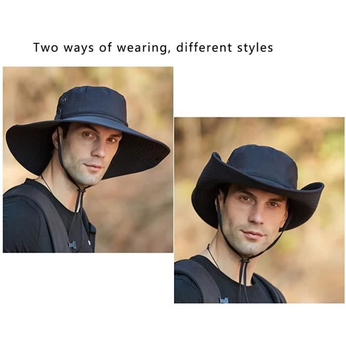Chapeau de Soleil a Large Bord Exterieur 12CM Unisex Chapeau de Pecheur Outdoor Chapeau de Seau Brousse Boonie Hat Bleu Marine
