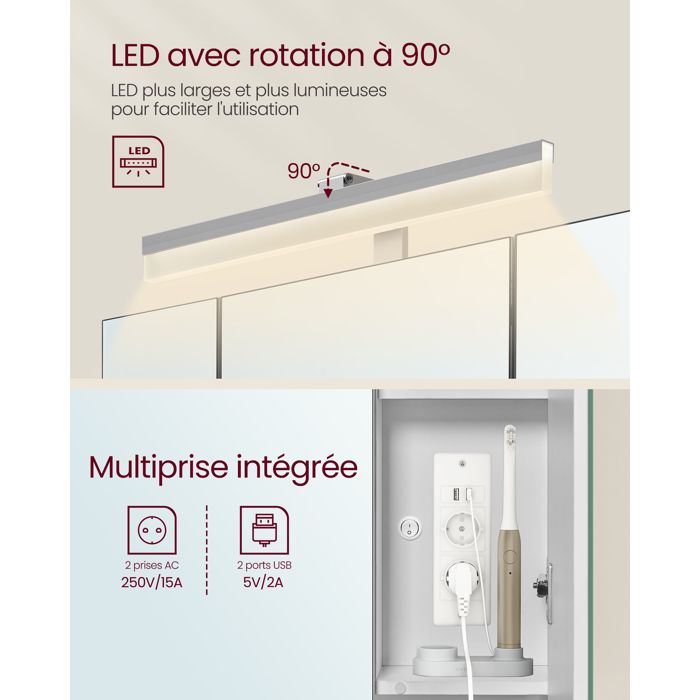 Miroir De Salle De Bain Avec 3 étagères Et Lumière LED - 60x50 Cm, Blanc, Lumière 4000K - Miroir Mural Suspendu Gain De Place