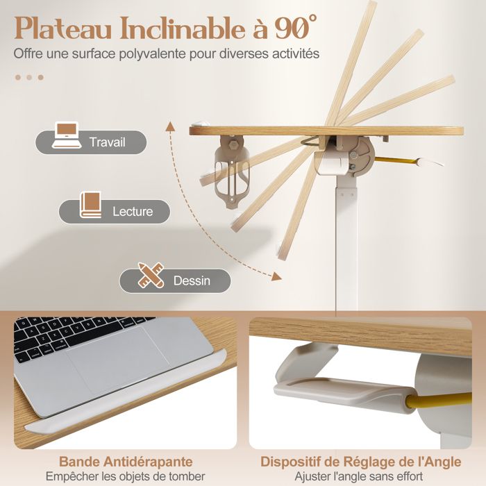 Bureau Assis-Debout Mobile COSTWAY – Plateau Inclinable 90° 60x48 Cm – Hauteur Réglable 70-105 Cm – Table Pliable Avec Roues Cachées, Crochet & Porte-Gobelet