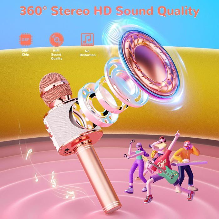 Microphone Karaoke Sans Fil, Micro 4 En 1 Karaoké Bluetooth Portable
