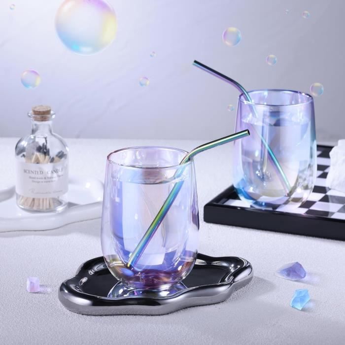 Tasse Starbucks Coffee Noel TETWIN Lot De 2 Tasses En Verre à Double Paroi De 445 Ml Avec Couvercle Paille Reutilisable Et Brosse Grande Poignee Transparentes Parfaites Pour Cafe Glace Smoothie Latte