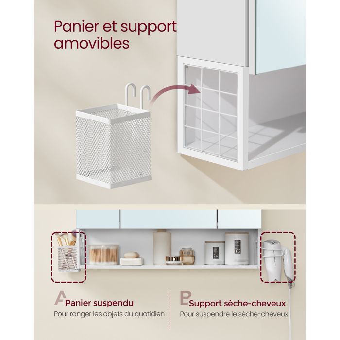 Armoire Salle De Bain Avec Miroir éclairage LED - 80x19x60 Cm, 3 étagères Réglables, Support Sèche-cheveux - Style Campagne - 5