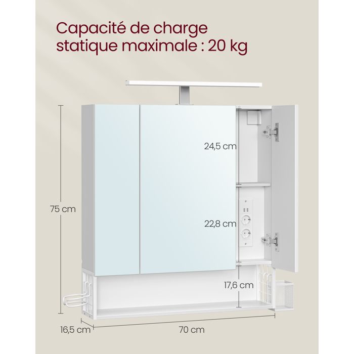 Armoire Salle De Bain Avec Miroir éclairage LED - 80x19x60 Cm, 3 étagères Réglables, Support Sèche-cheveux - Style Campagne - 11