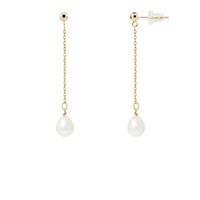 PERLINEA - Boucles d'Oreilles - Véritables Perles de Culture d'Eau Douce Poires 7-8 mm Blanc Naturel - Or Jaune - Bijoux Femme
