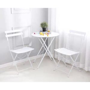 Ensemble table et chaise de jardin Salon de Jardin Bistro Pliable - KEDIA - Table Ronde Ø 60 cm avec 2 chaises Pliantes - Métal Blanc