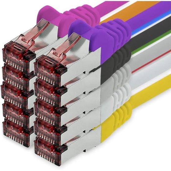 Câble Réseau CAT7 – 10x 0,25m, 10 Couleurs Différentes | Jusqu’à 10 Gbit/s, Blindage Double | Pour Connexions Courtes Routeur, Modem, Switch | Qualité Professionnelle