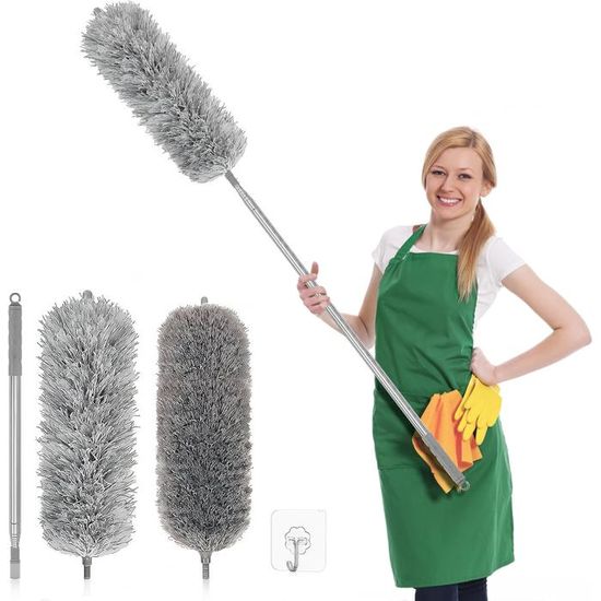 Lot De 3 Plumeaux Chenille Tête Flexible + Tige Télescopique 80 Cm – Rouge, Vert, Gris | Anti-Poussière Efficace Et Lavable